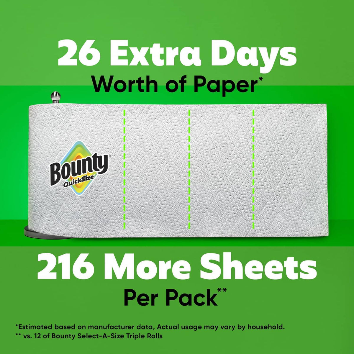 White Bounty QuickSize paper towel roll pack, multiple rolls arranged