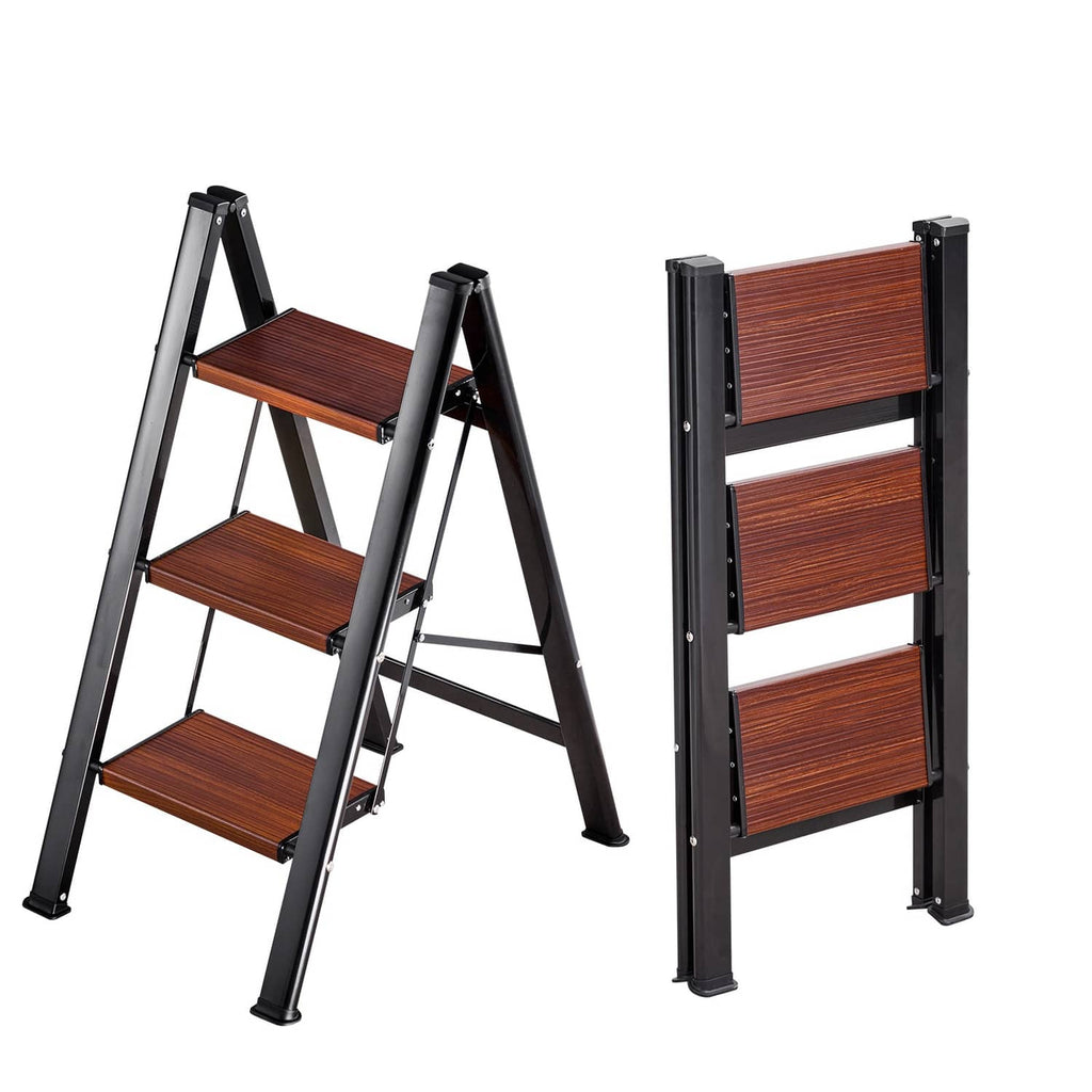 3-step aluminum folding ladder with black frame and wide wood-grain non-slip steps
