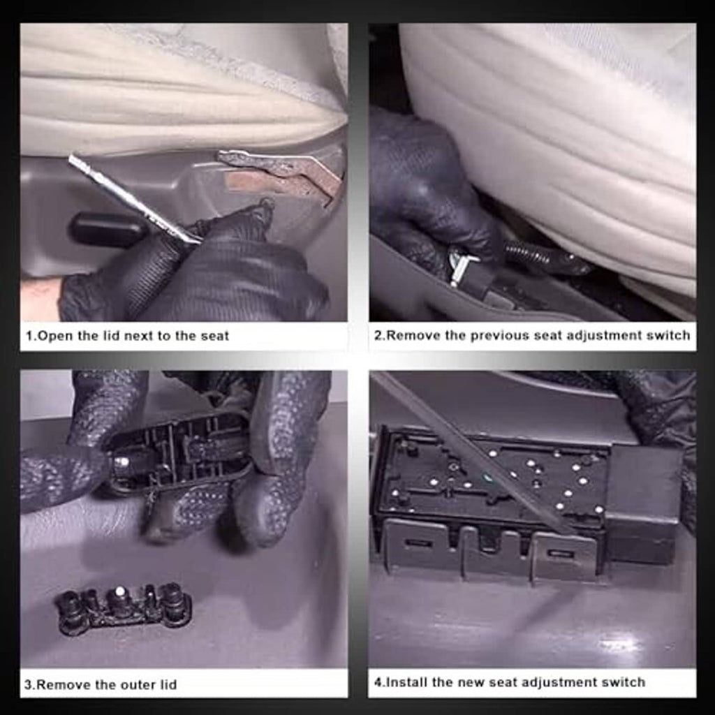 Power seat adjustment switch installation steps showing switch near seat wiring