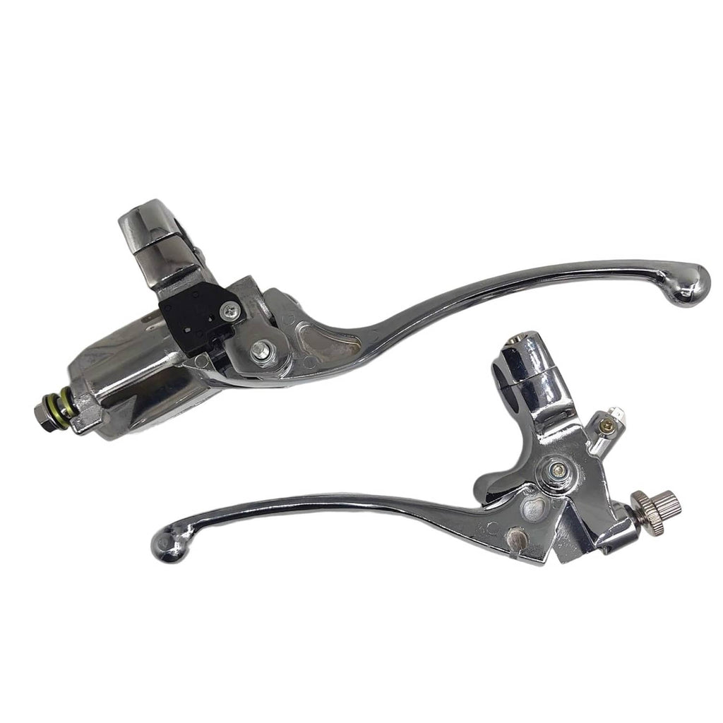 Chrome motorcycle hydraulic master cylinder with black reservoir and brake lever