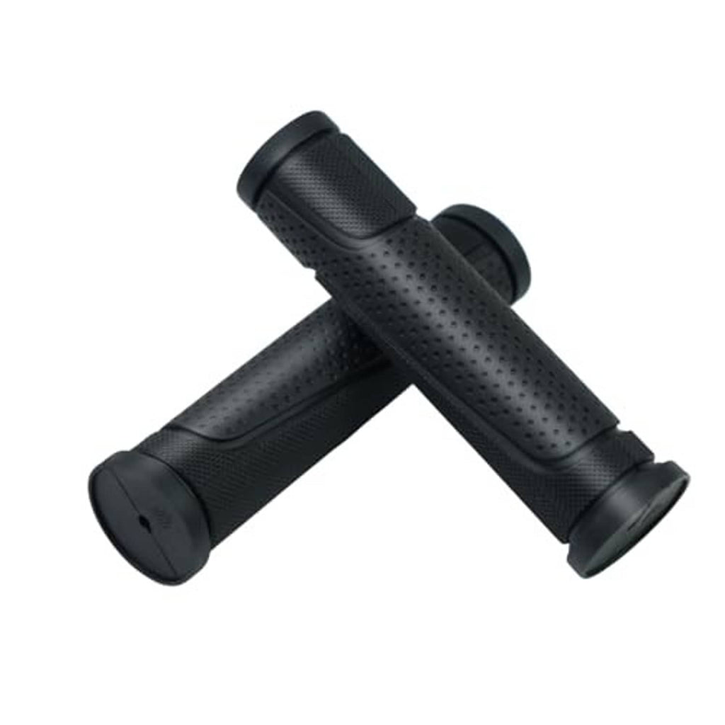 Two black bicycle handlebar grips showing textured grip zone and chunky rubber end caps