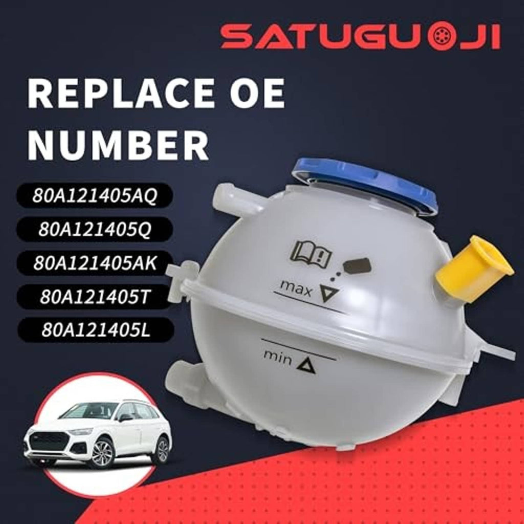 Engine coolant overflow reservoir tank with blue cap, yellow outlet tab, min/max level marks.