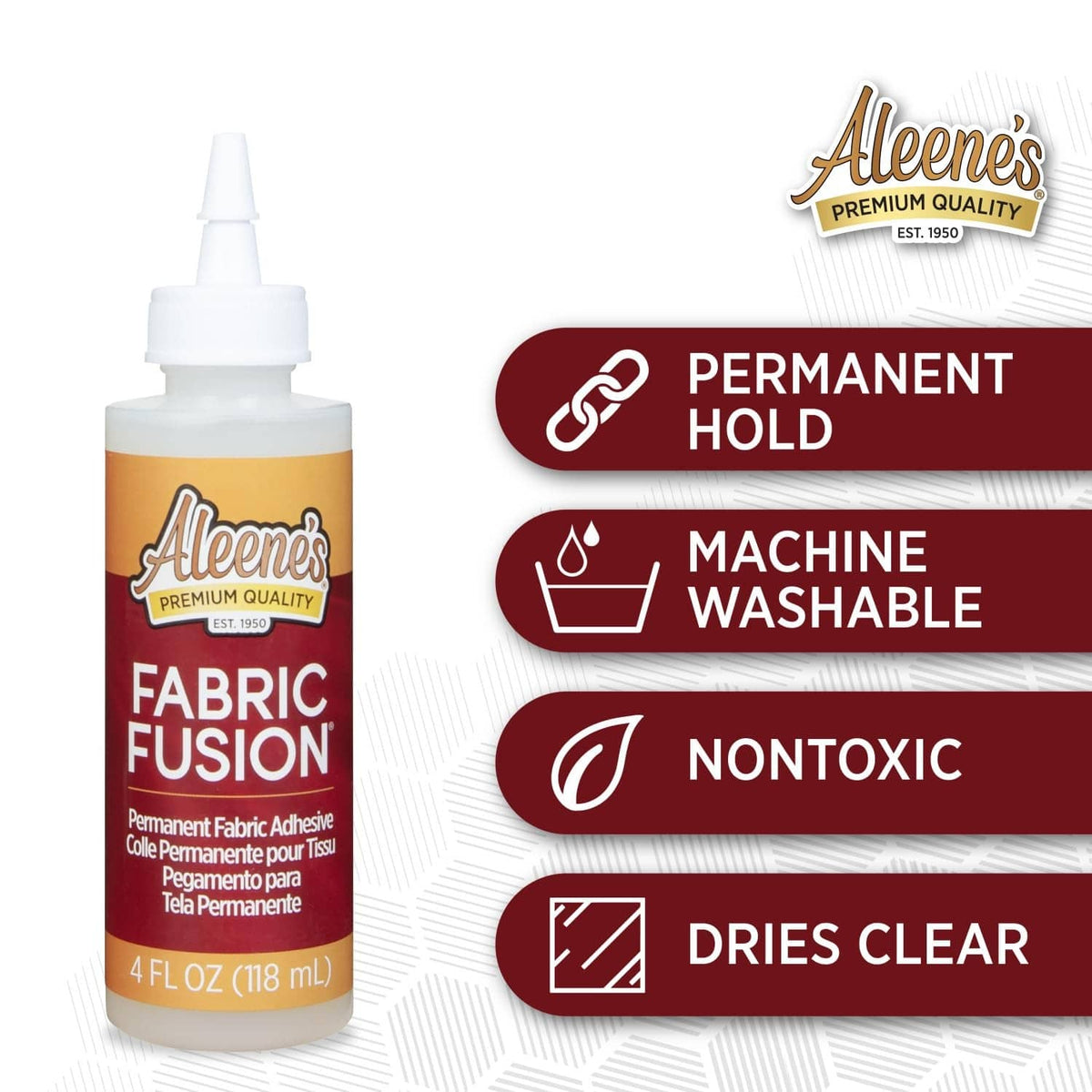 Aleene's Fabric Fusion bottle with permanent hold, machine washable, non-toxic, dries clear.