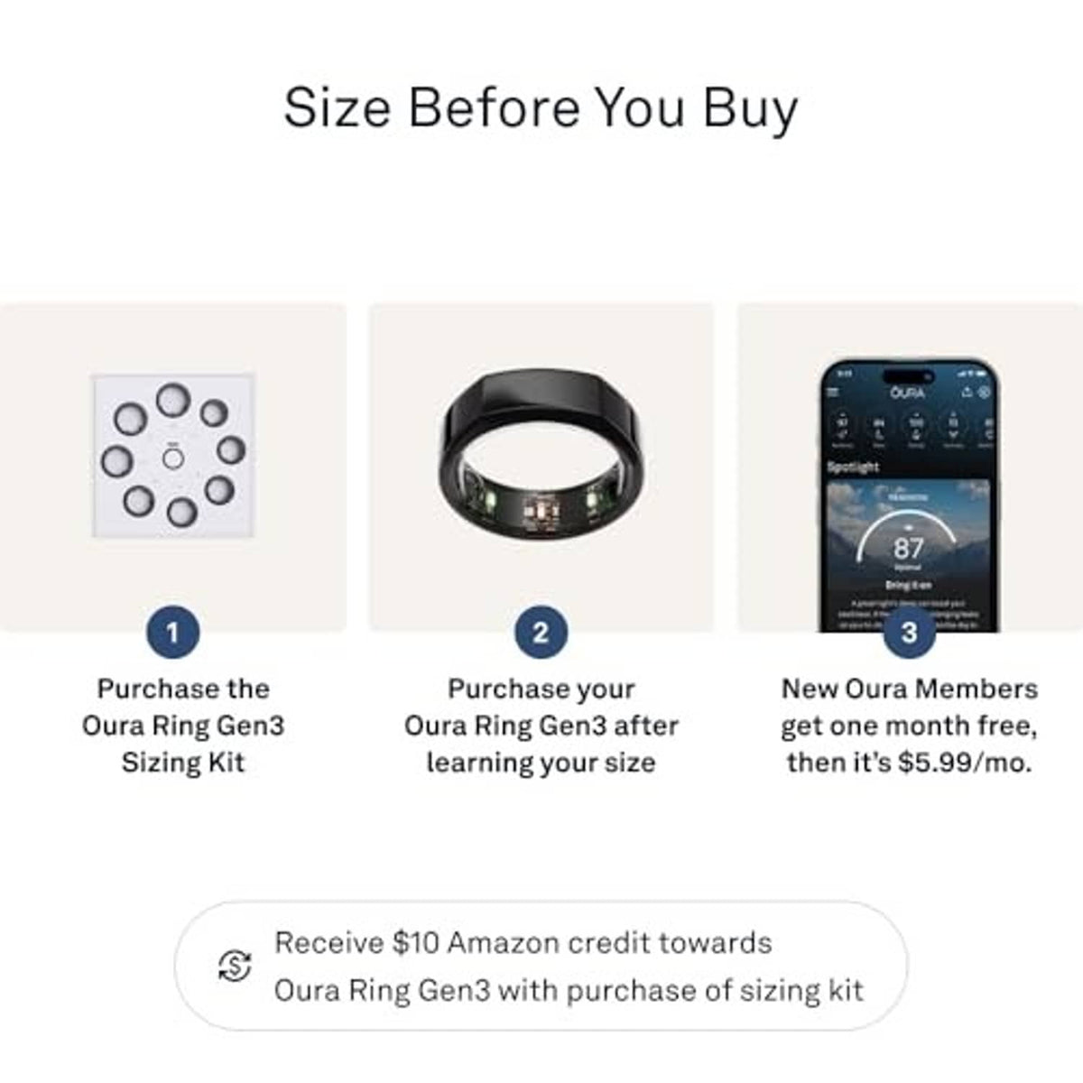 Oura black smart ring with sizing kit icons and smartphone shown