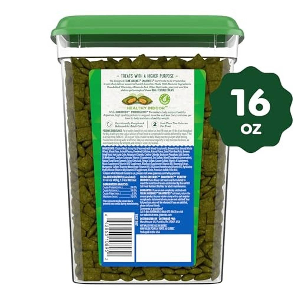 Greenies Smartbites tuna-flavor cat treat container with back label and 16 oz size badge