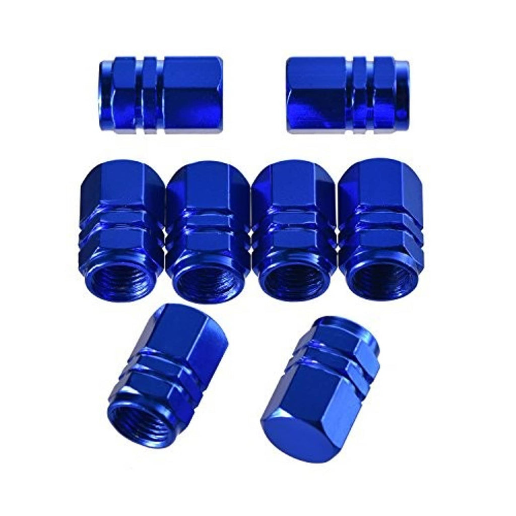 Blue hex aluminum tire valve stem caps, 8-pack with matching covers