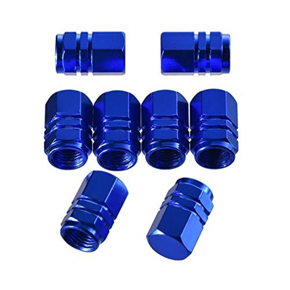 Blue hex aluminum tire valve stem caps, 8-pack with matching covers