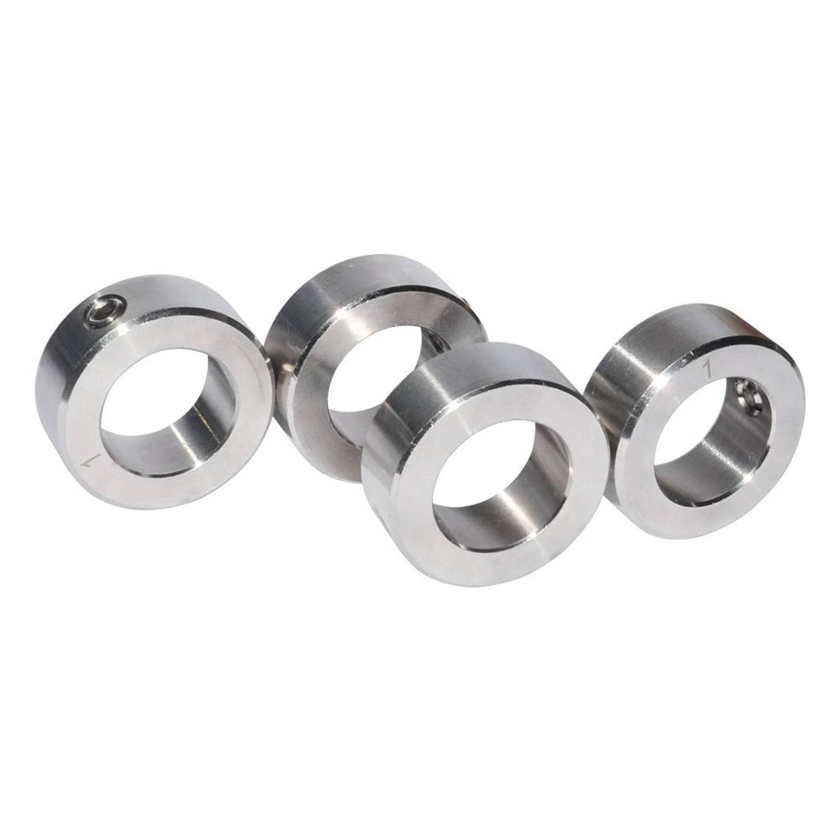 Set of 4 stainless steel shaft collars with machined rings and screw-access holes