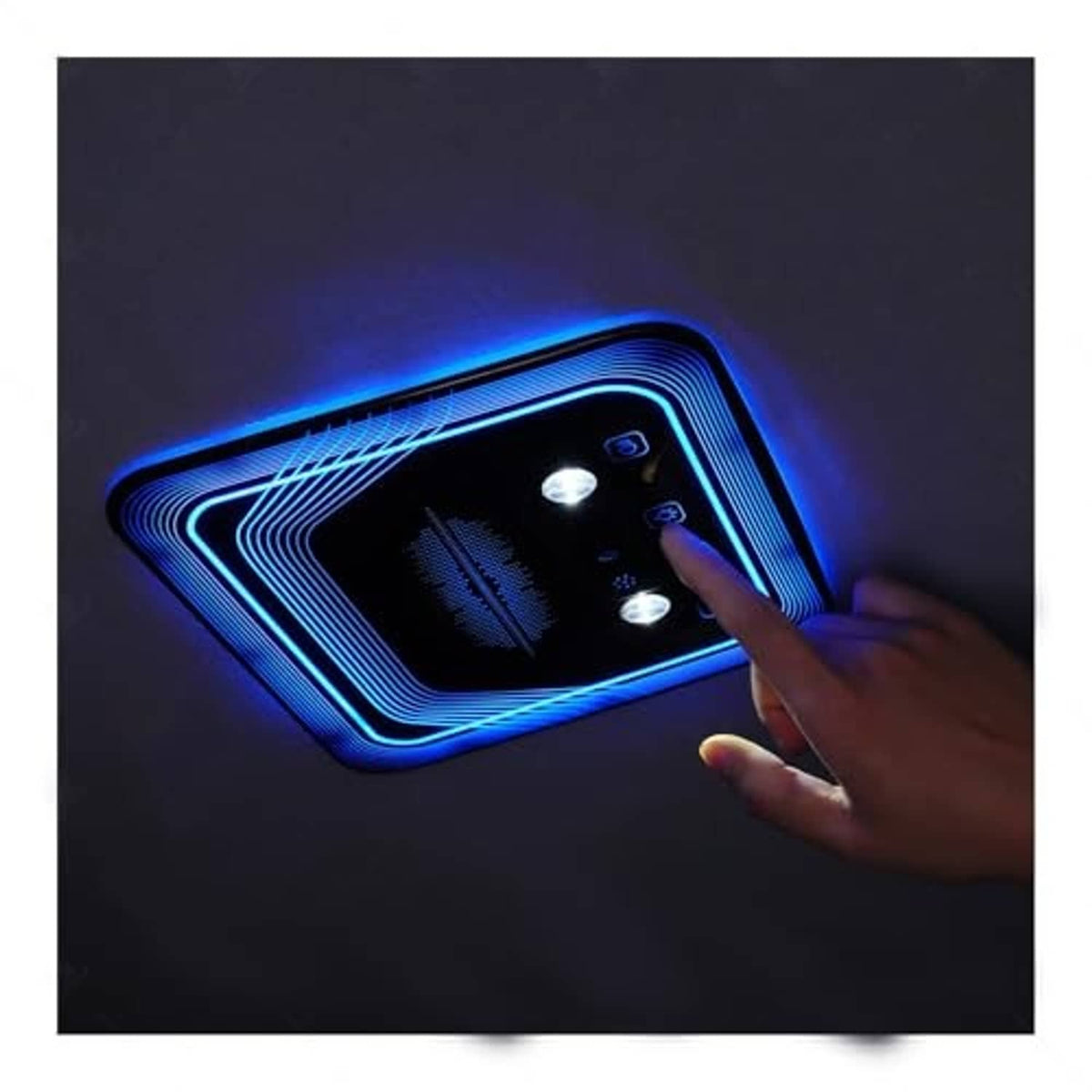 Adjustable LED car dome light replacement showing blue halo glow with hand pointing