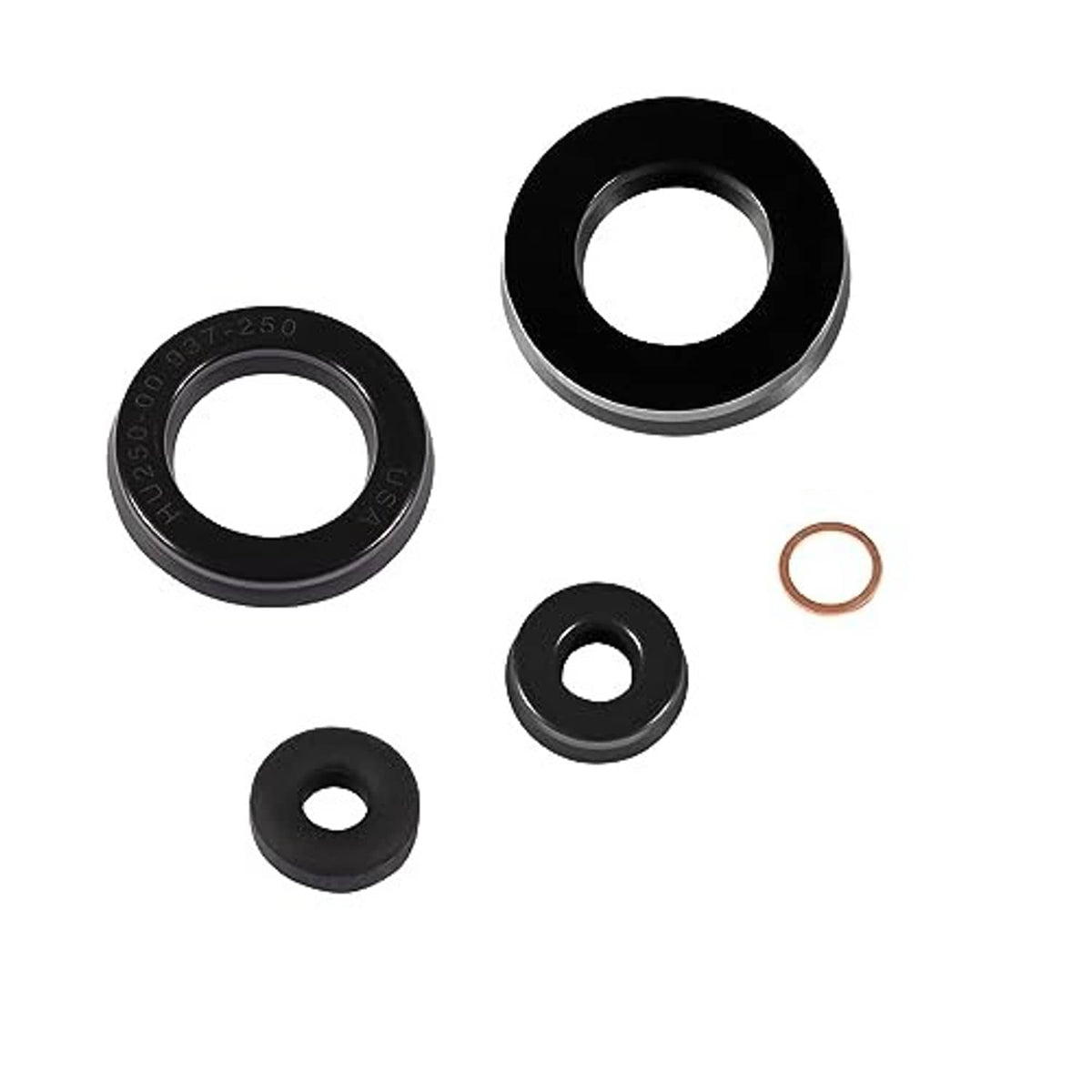 Floor jack seal kit with black gaskets and one copper-colored O-ring