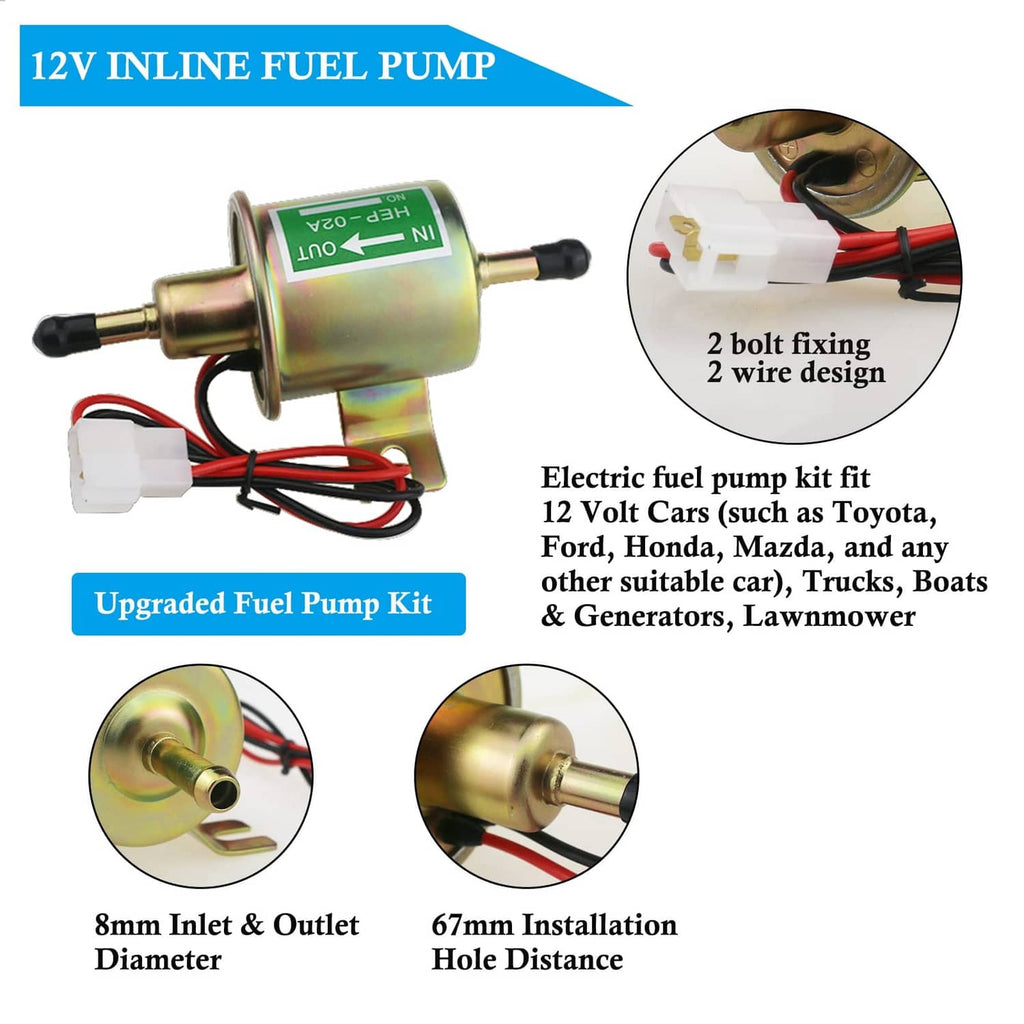 12V inline electric fuel pump kit with brass pump, red/black wiring, and mounting design