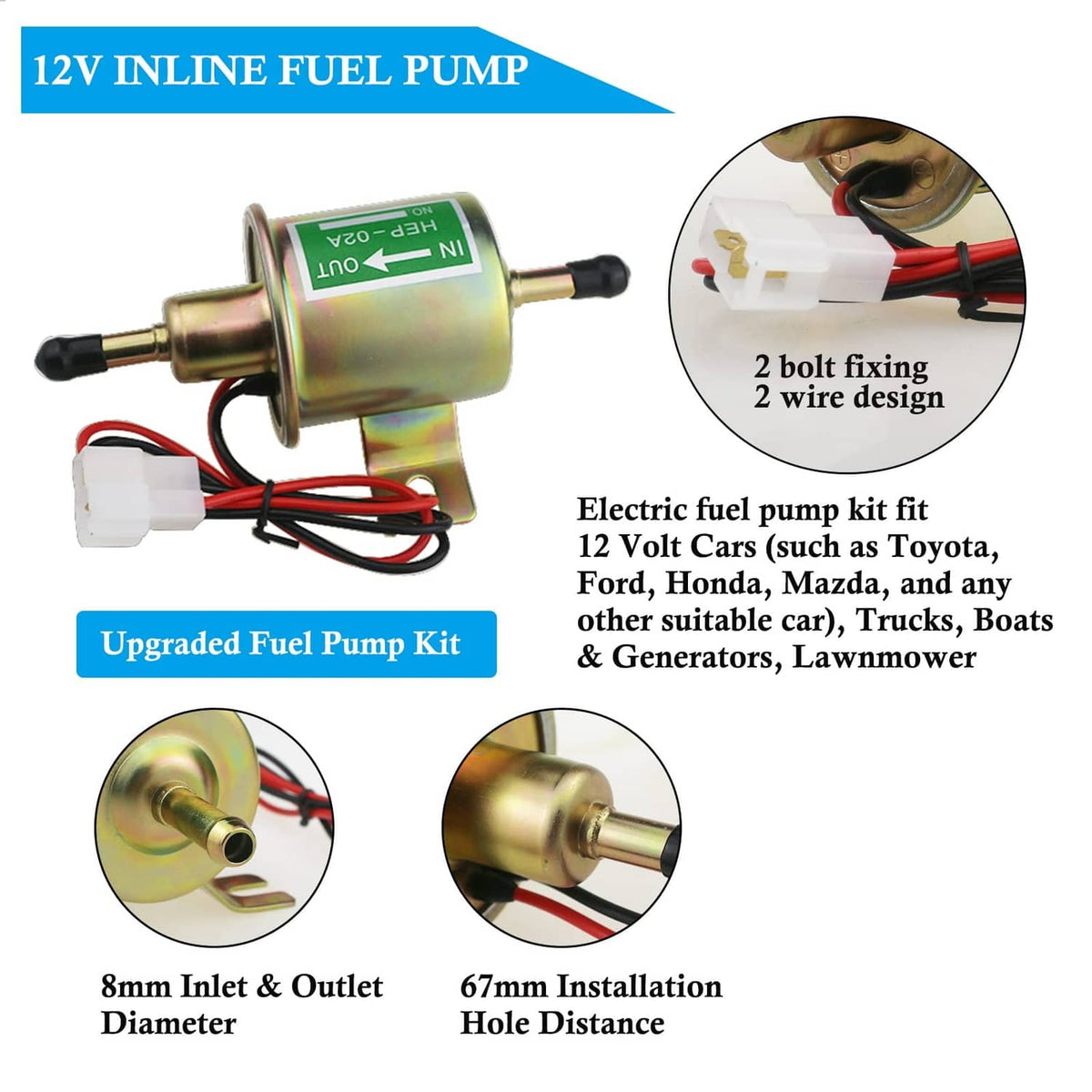 12V inline electric fuel pump kit with brass pump, red/black wiring, and mounting design