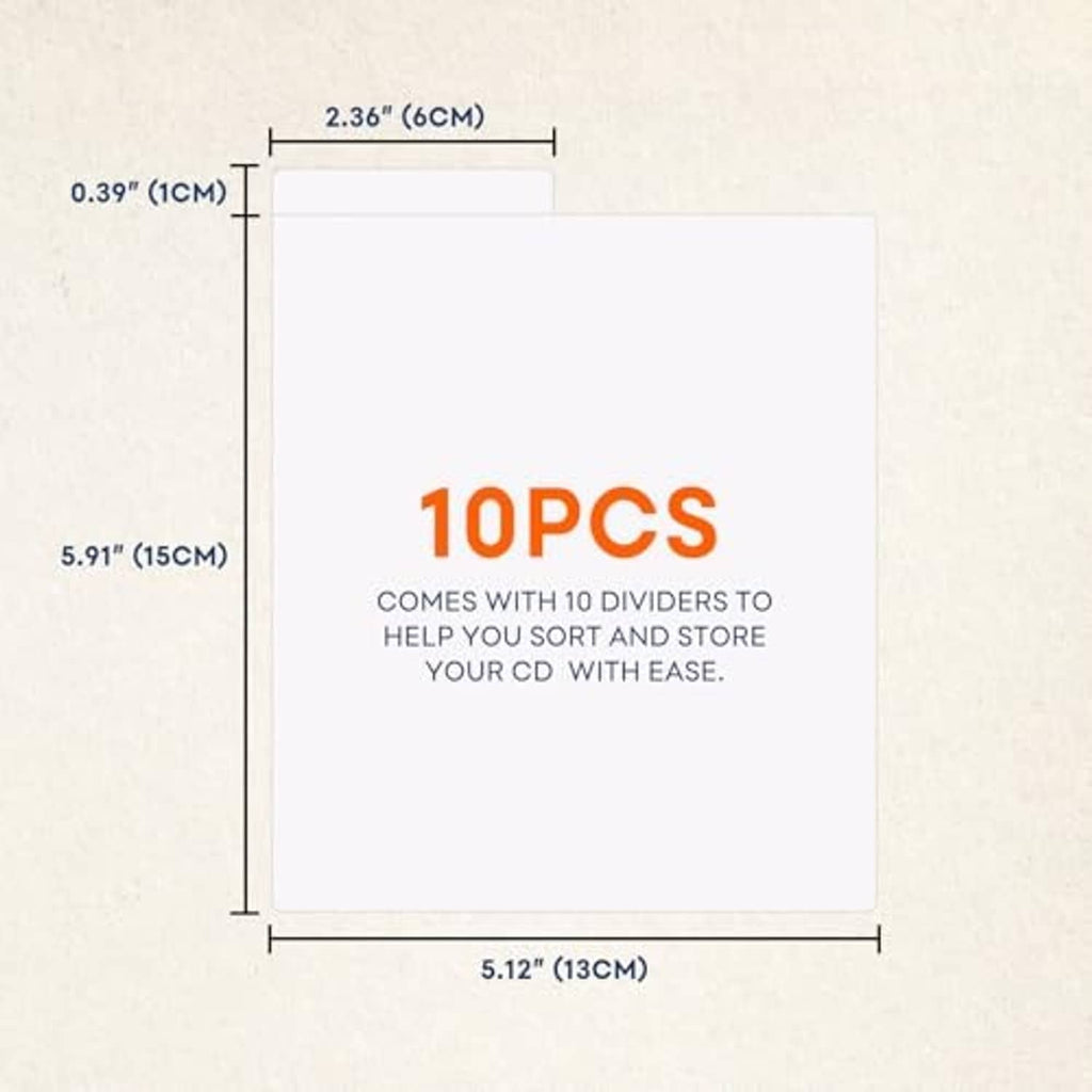 White cardboard CD storage box illustration with size measurements and divider info