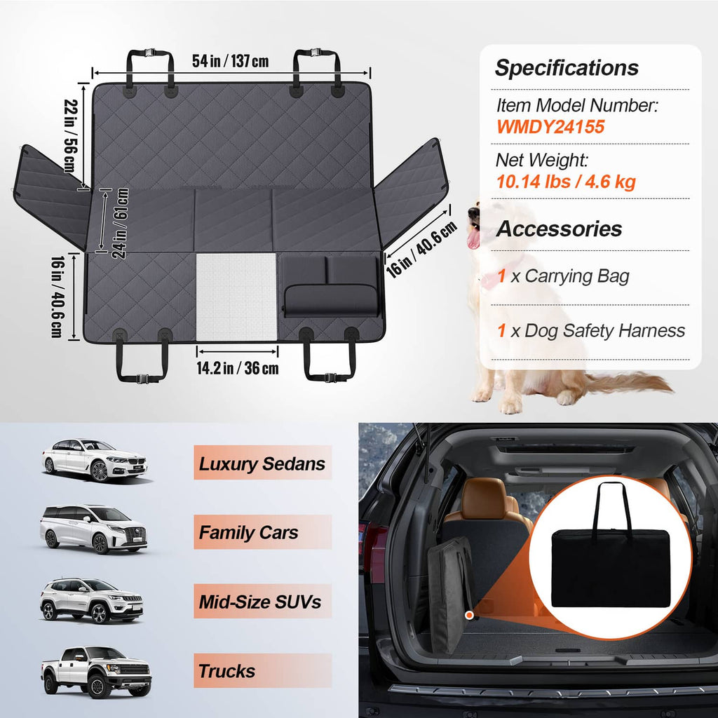 Dog car seat cover set laid flat in dark gray with carrying bag and dog safety harness