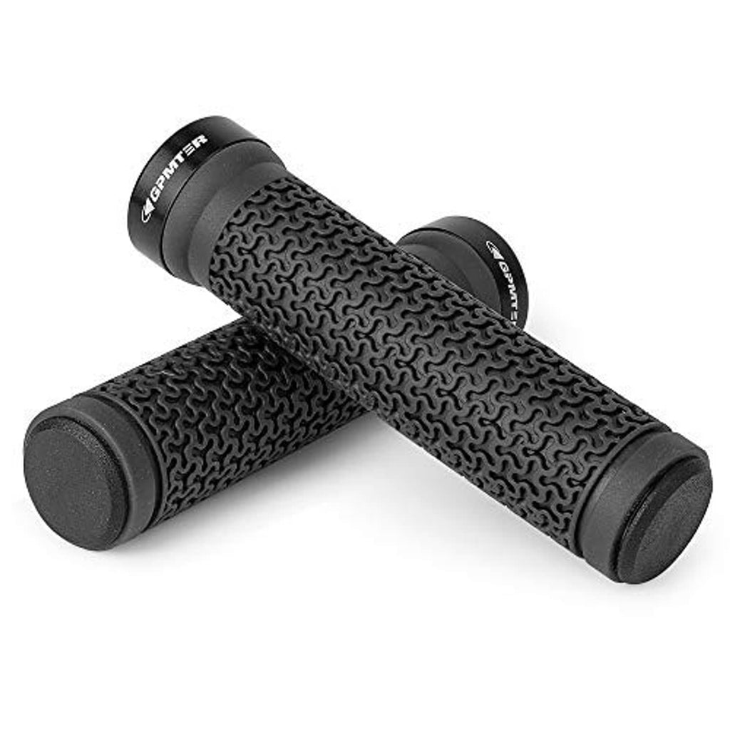 Black textured handlebar grips with lock rings on both ends, BMX-style fit