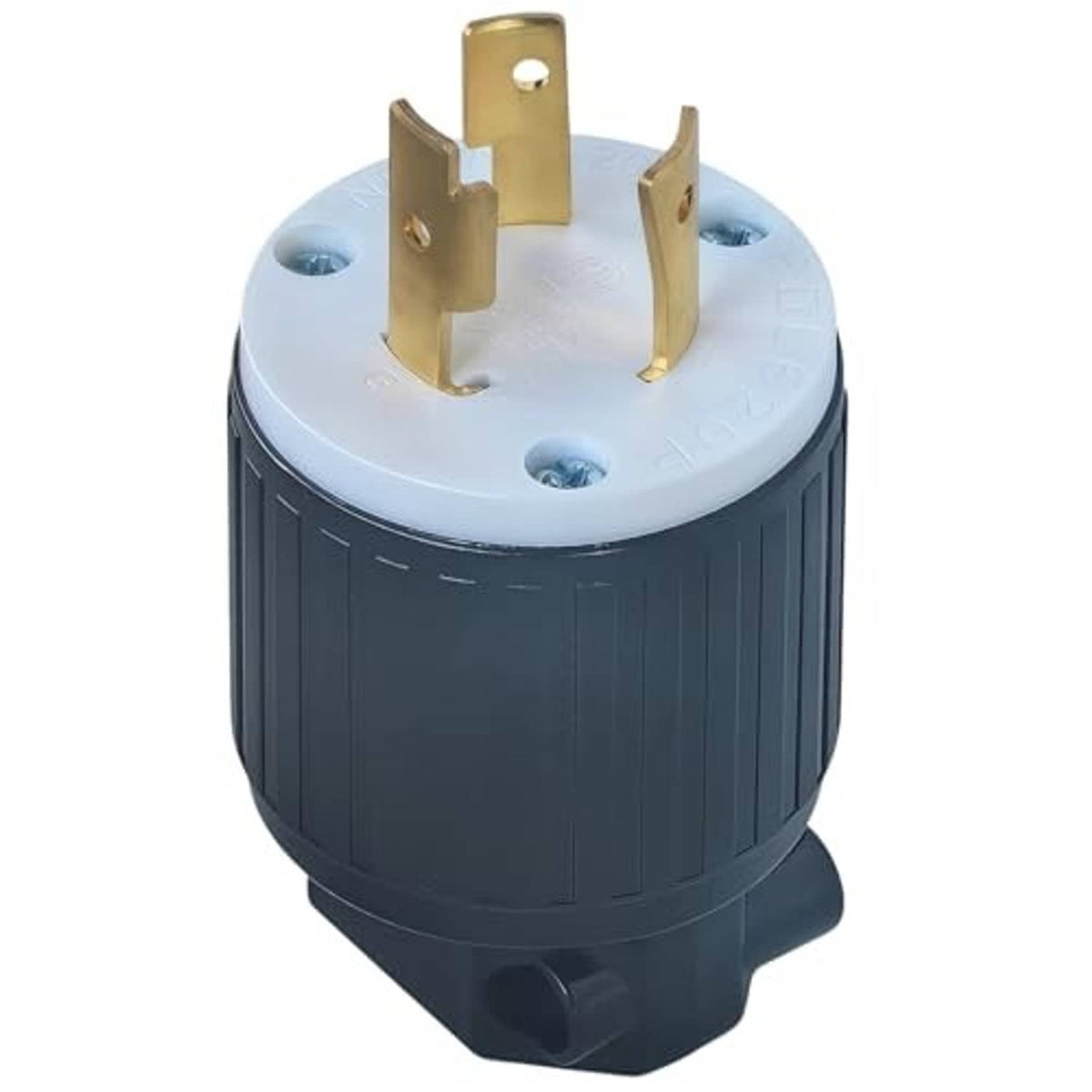 NEMA locking plug terminal base with three gold blades and screw mounting holes
