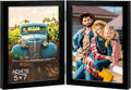 Black 5x7 double-hinged wood picture frame, open folding design with photo display
