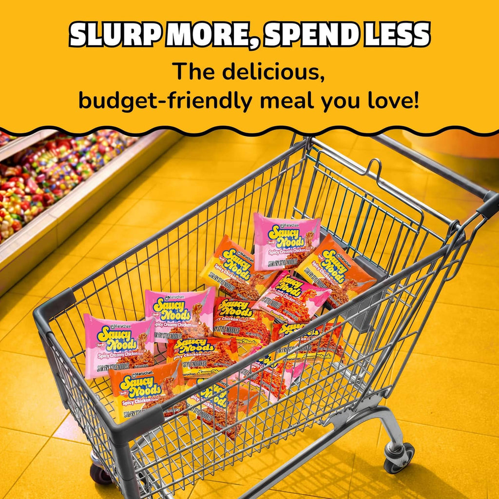 Maruchan Saucy Noods spicy chicken noodle packs in a shopping cart