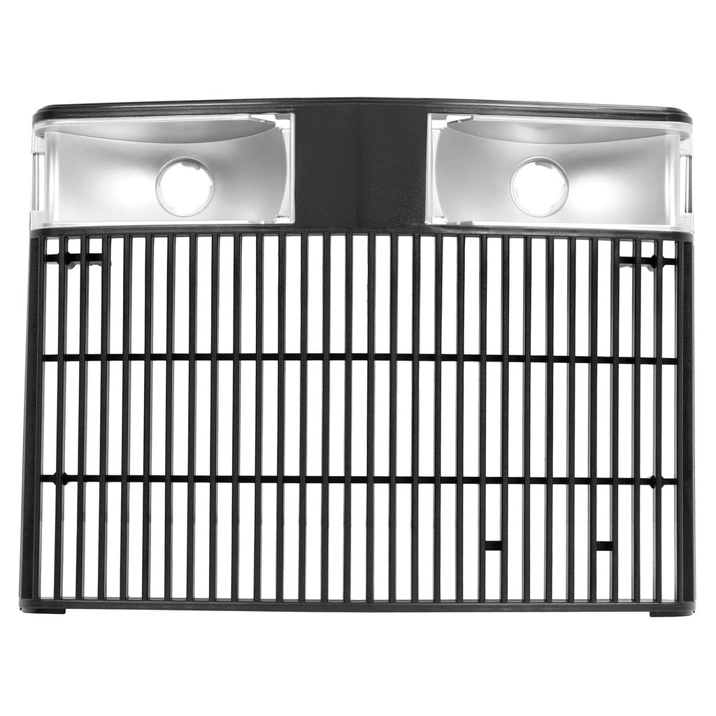 Tractor grille with black slat insert and silver metal frame, circular light openings