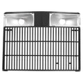 Tractor grille with black slat insert and silver metal frame, circular light openings