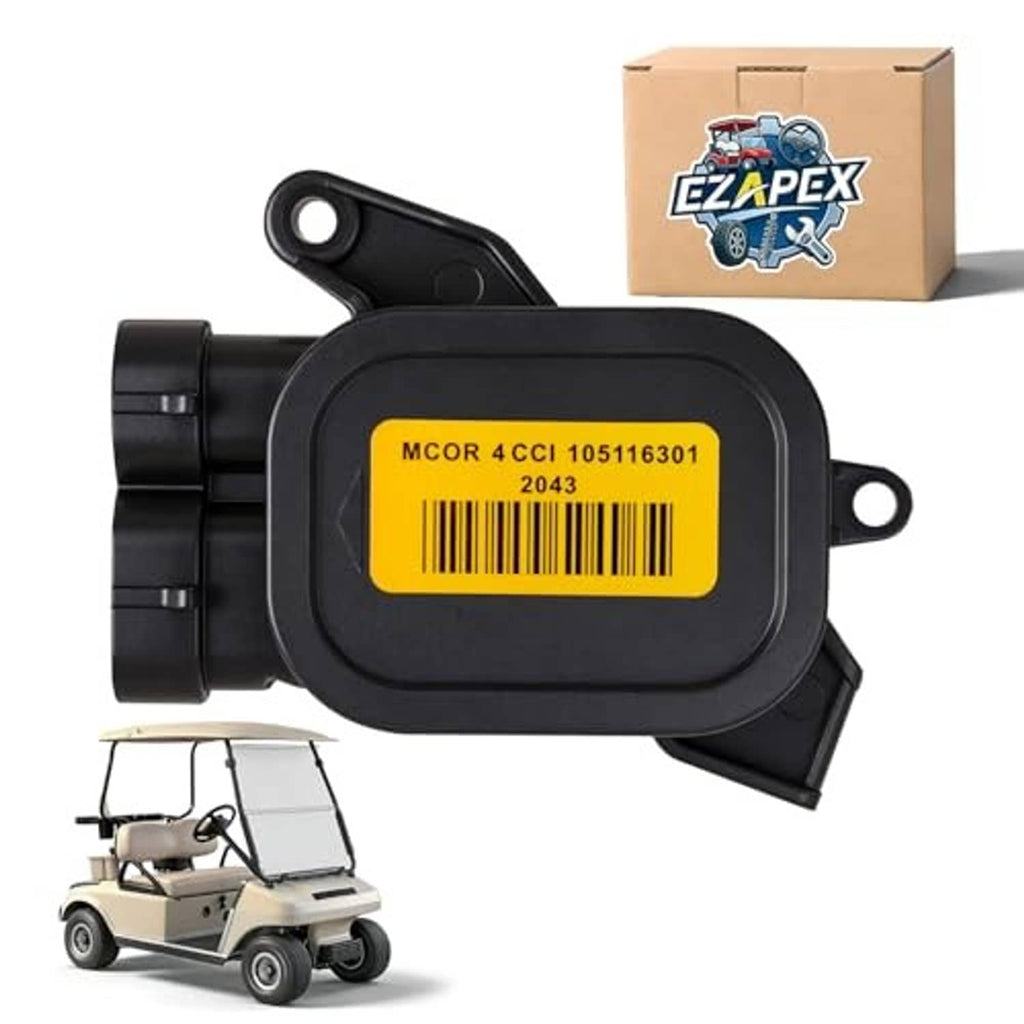 Black throttle potentiometer with yellow barcode label and side mounting loop