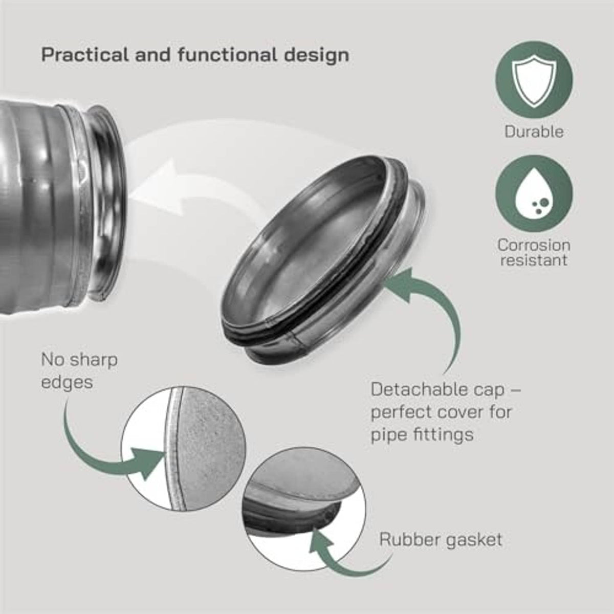 Galvanized steel tee cap with black rubber gasket and no-sharp-edges design details