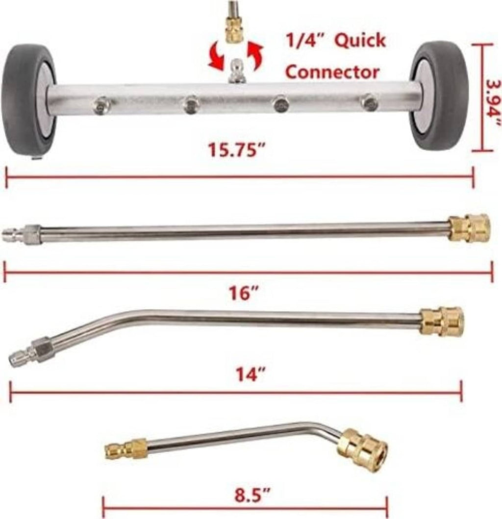 Silver undercarriage cleaner with 1/4 quick connector, two black wheels, wand
