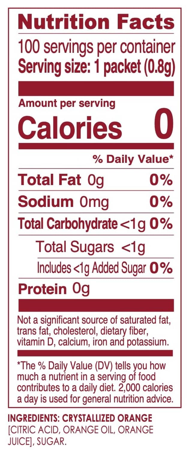 True Orange water enhancer nutrition facts panel on packet box