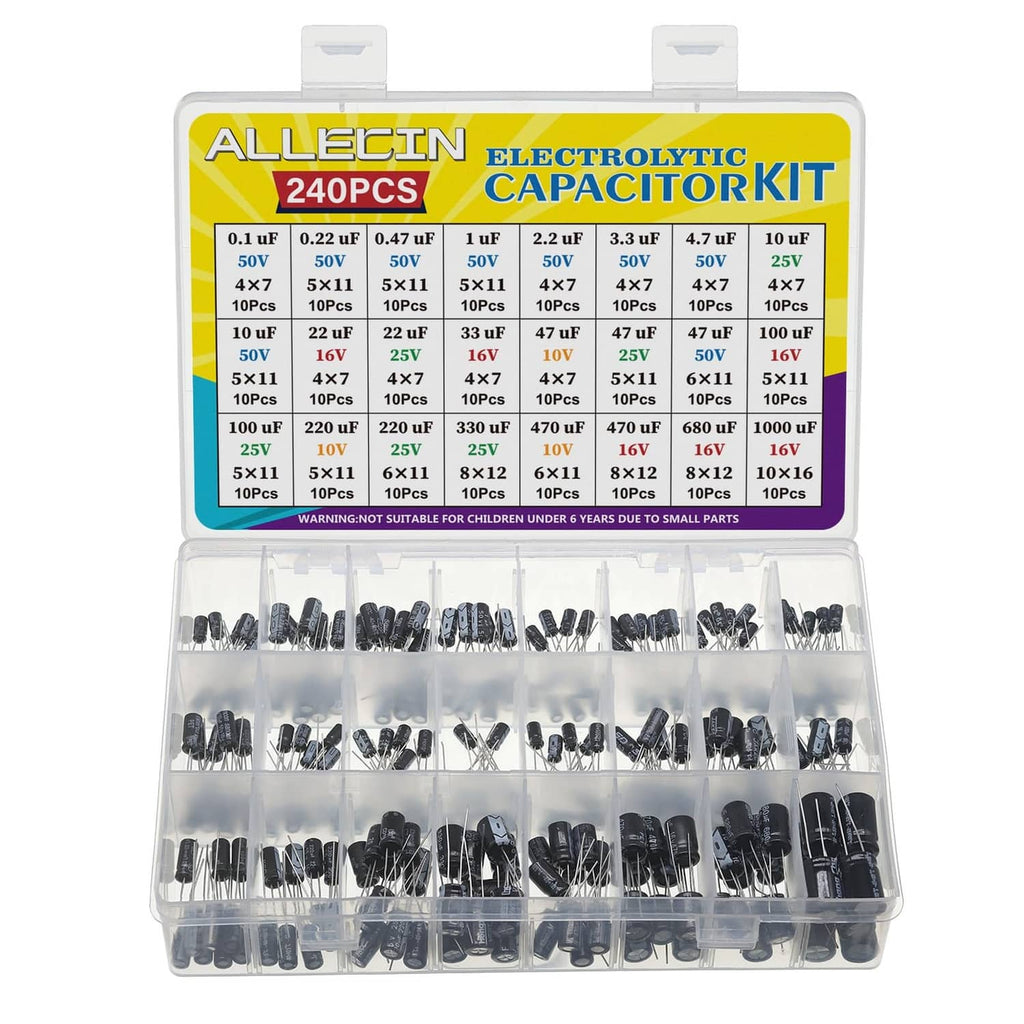 Electrolytic capacitor assortment kit with 240 black cylindrical capacitors in a clear case