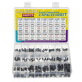 Electrolytic capacitor assortment kit with 240 black cylindrical capacitors in a clear case