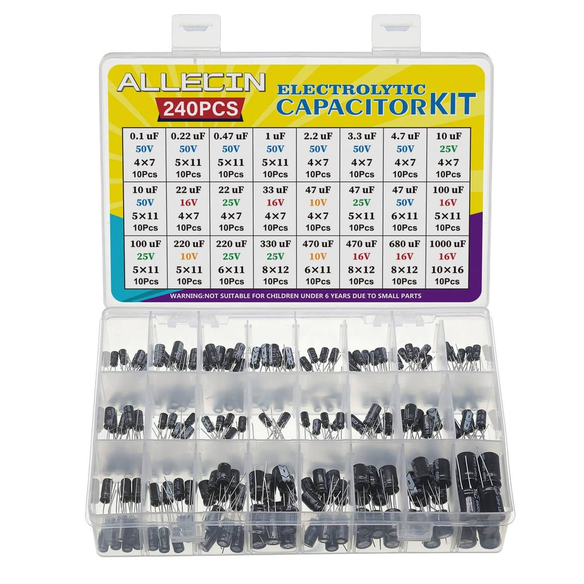 Electrolytic capacitor assortment kit with 240 black cylindrical capacitors in a clear case