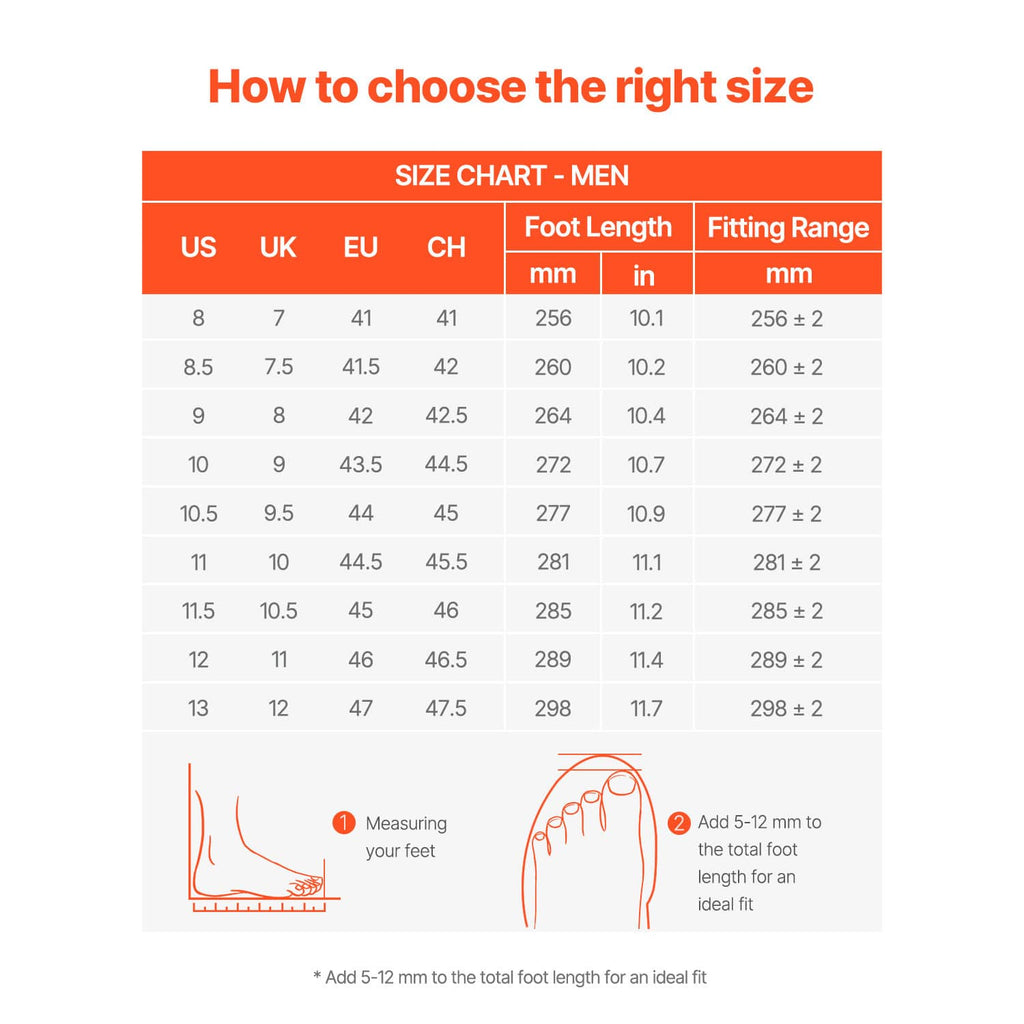 Work boot size chart for men with US size 12 fitting range table