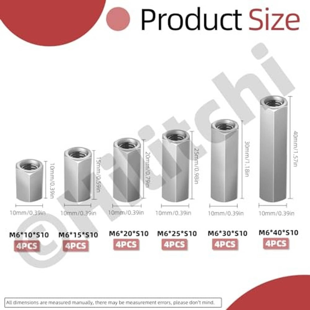 Stainless steel extended hex nuts with internal threads, various lengths shown on white background