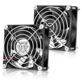 Dual 80mm DC brushless cooling fans with black square frames and metal mounting posts