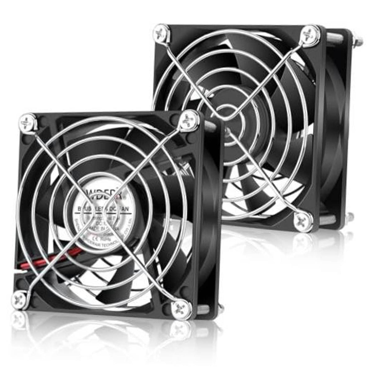 Dual 80mm DC brushless cooling fans with black square frames and metal mounting posts