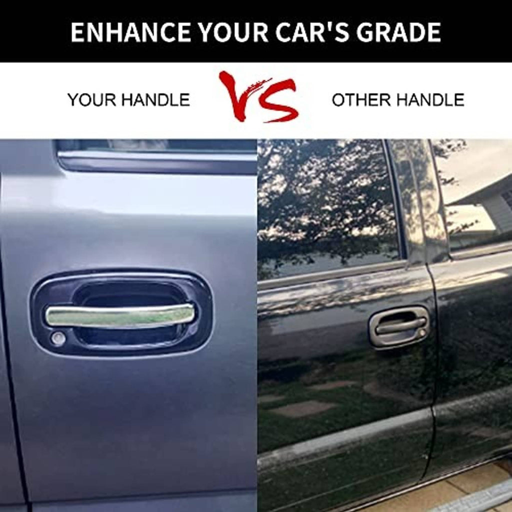 Exterior door handle with chrome insert on a car door, side-by-side comparison