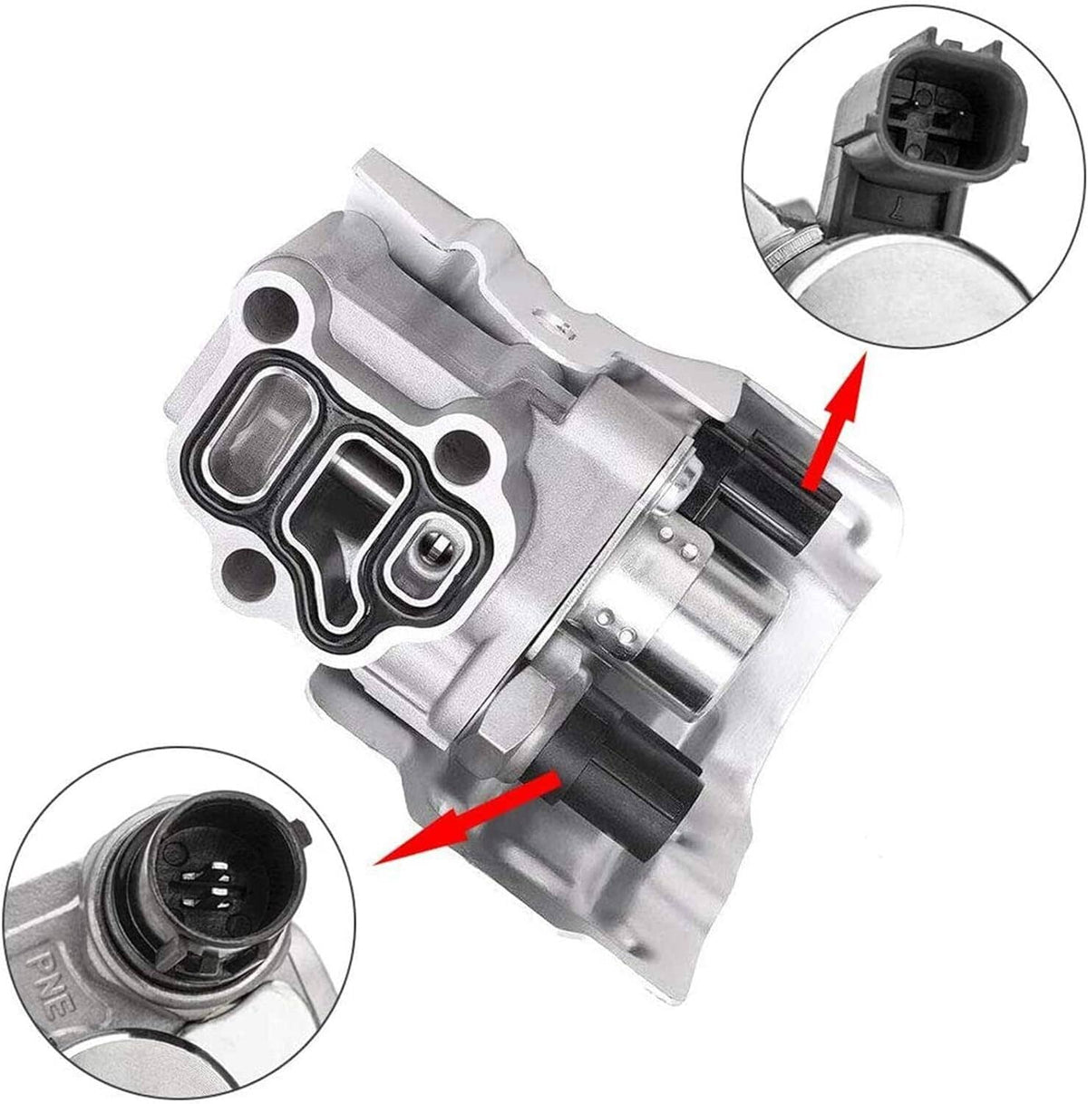 Solenoid spool valve with gasket, metal housing and black electrical connector ends