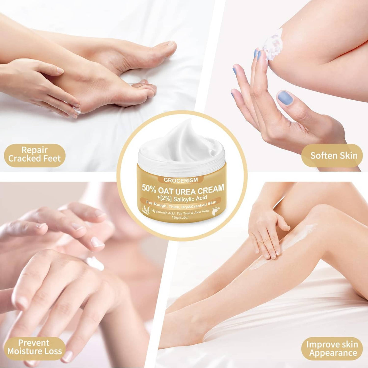 Hands applying oat urea foot cream with jar centerpiece