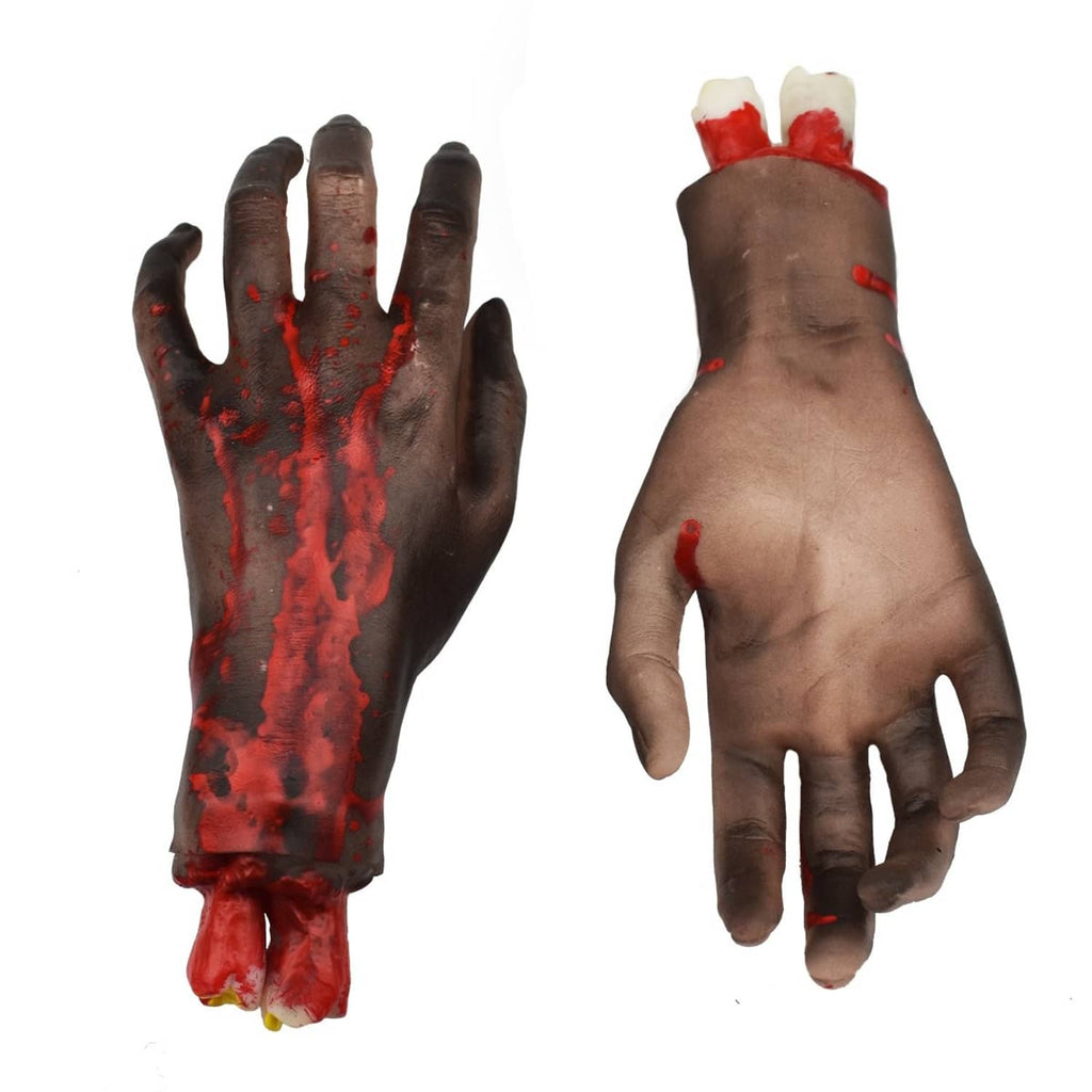 Pair of severed hand props, gray-brown palms with red blood splatter and detached fingertips