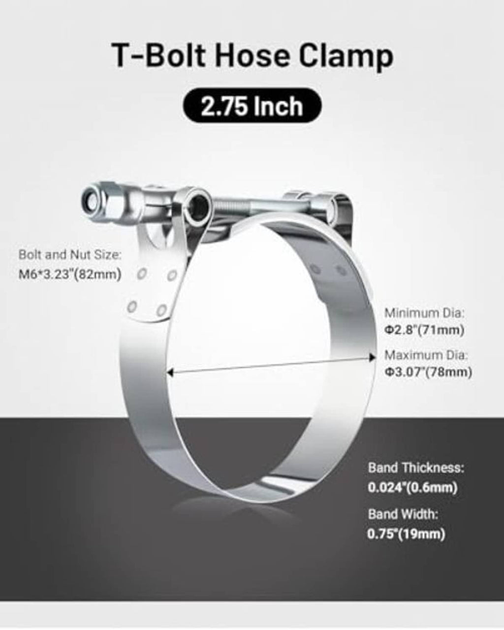 Stainless steel 2.75-inch T-bolt hose clamp shown with size measurement guides