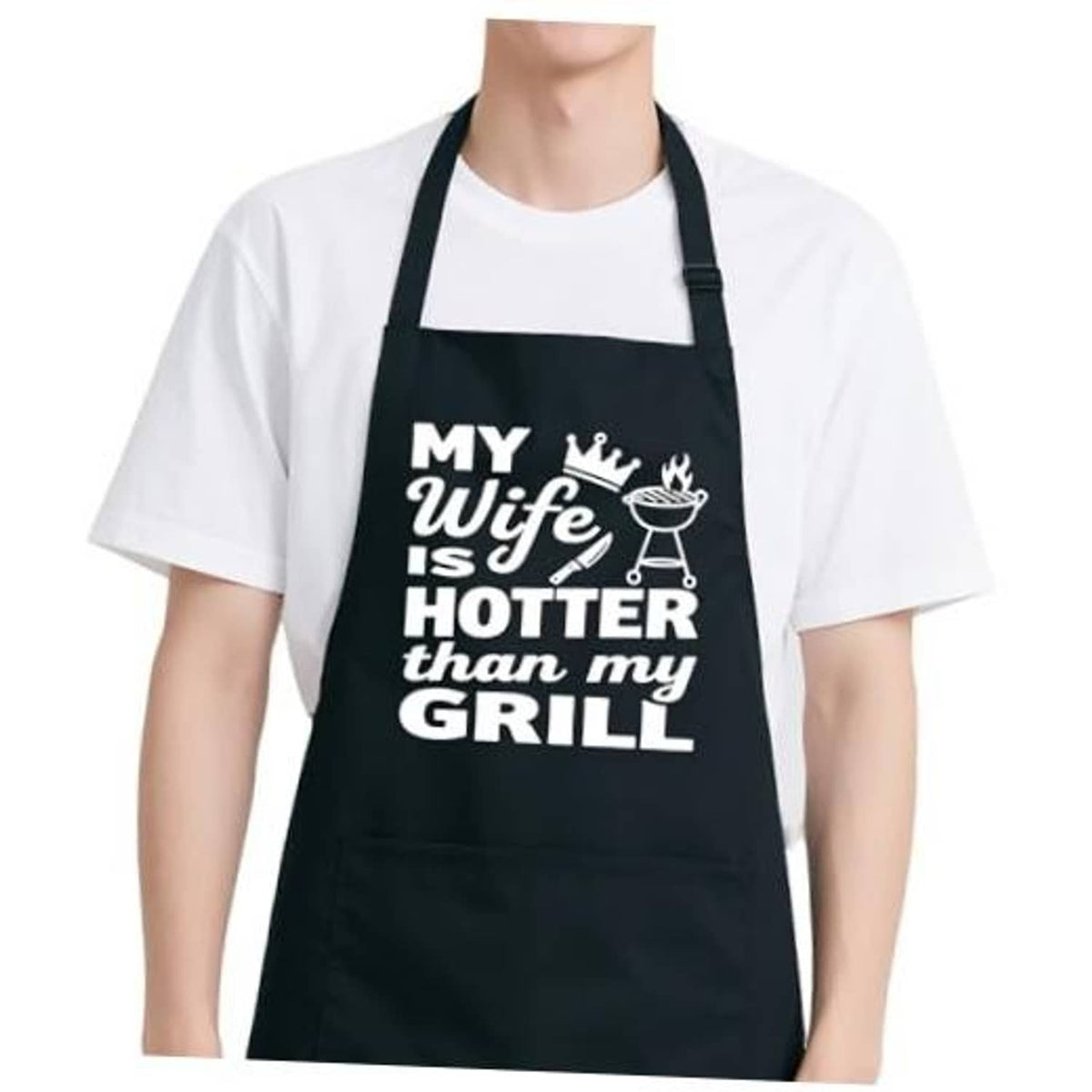 Black BBQ apron with humorous 'MY Wife is HOTTER than my GRILL' print and straps