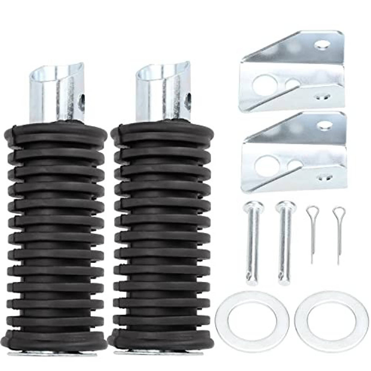 Set of two mini bike foot pegs: black ribbed sleeves, silver caps, mounting hardware