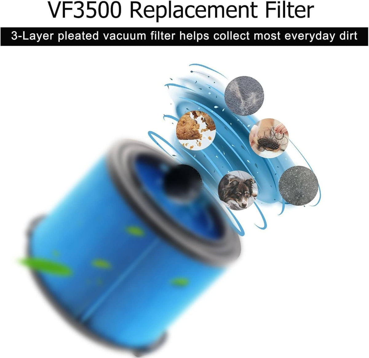 Cylindrical blue pleated vacuum replacement filter with gray top rim