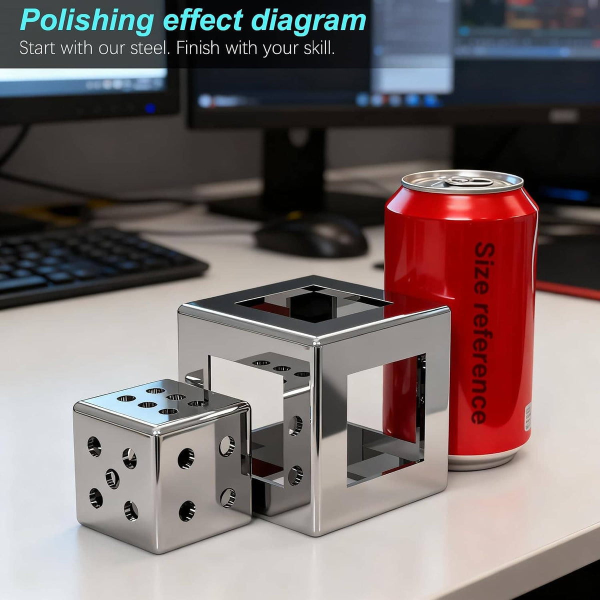 Dark gray steel welding practice cubes with circular holes on a tabletop