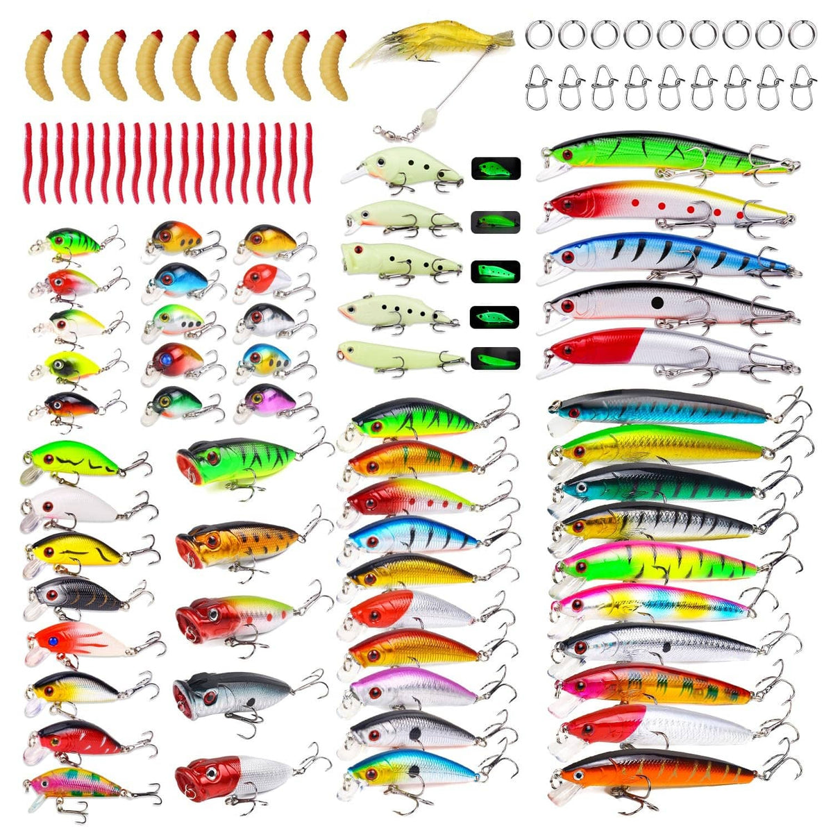 Artificial fishing lure kit with mixed crankbaits, swimbaits, and soft worm lures
