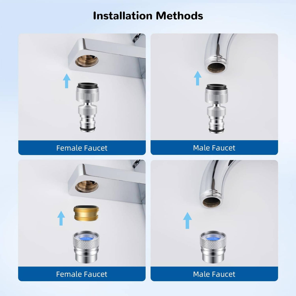 Chrome faucet adapter showing male and female connector ends