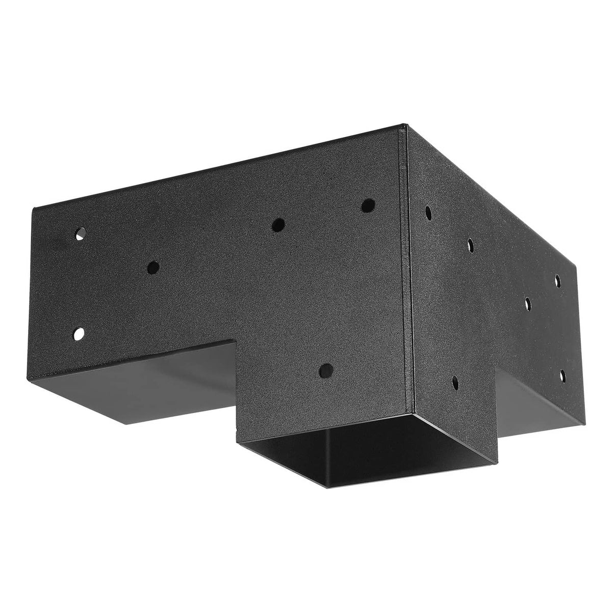 Dark metal 3-way inner corner pergola bracket, 4x4 post, with bolt holes