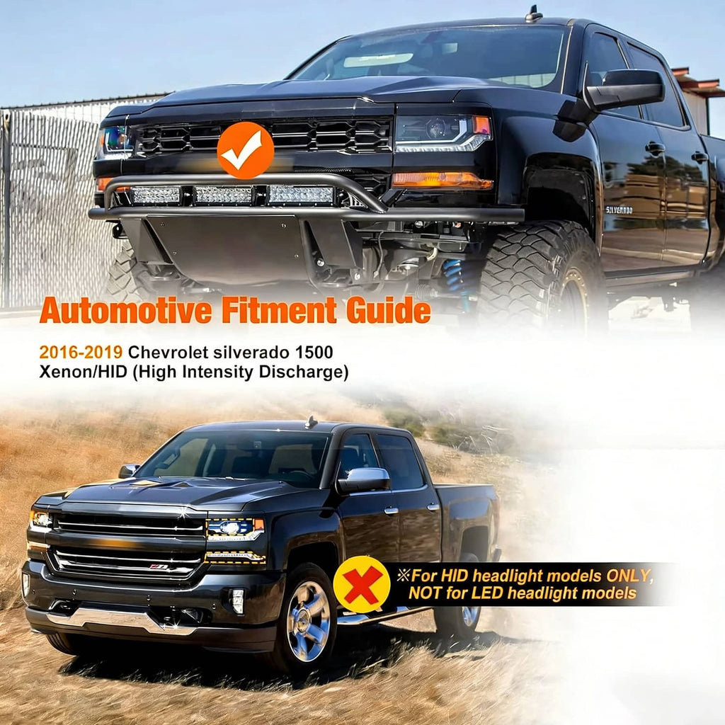 Truck front with installed black HID projector headlights and amber DRL/turn light bars