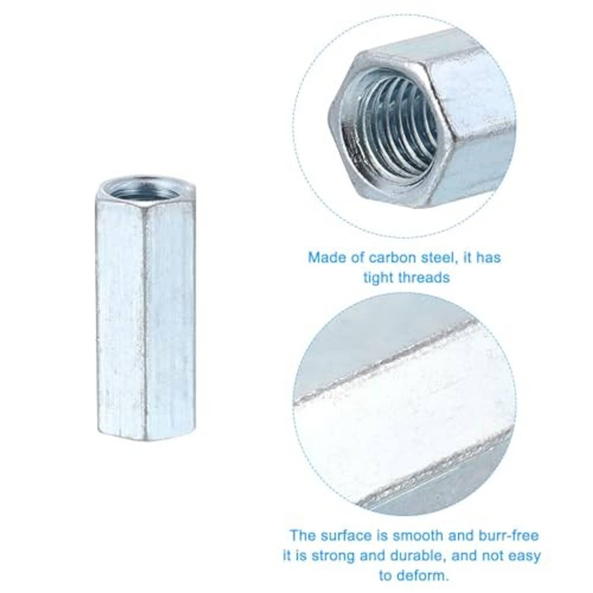 Galvanized hex coupling nut set with smooth, burr-free exterior and internal threads