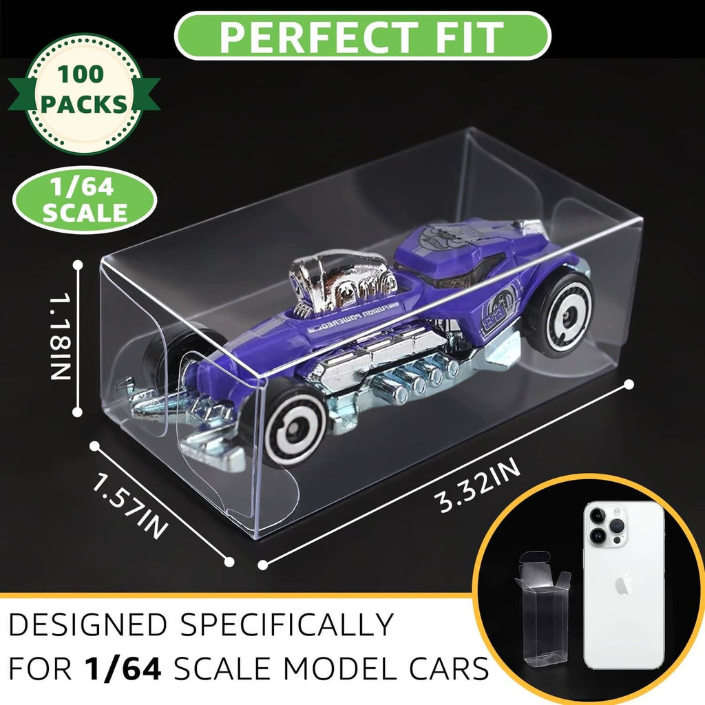 Clear 1/64 scale display case shown with lime green model car and size labels